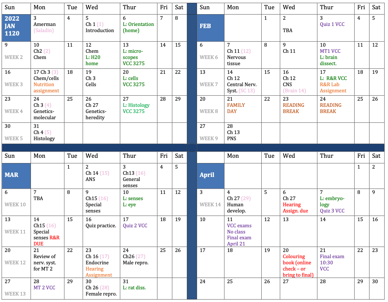 1120 calendar spring 2022 | VCC Biology – Instructor Maria Morlin