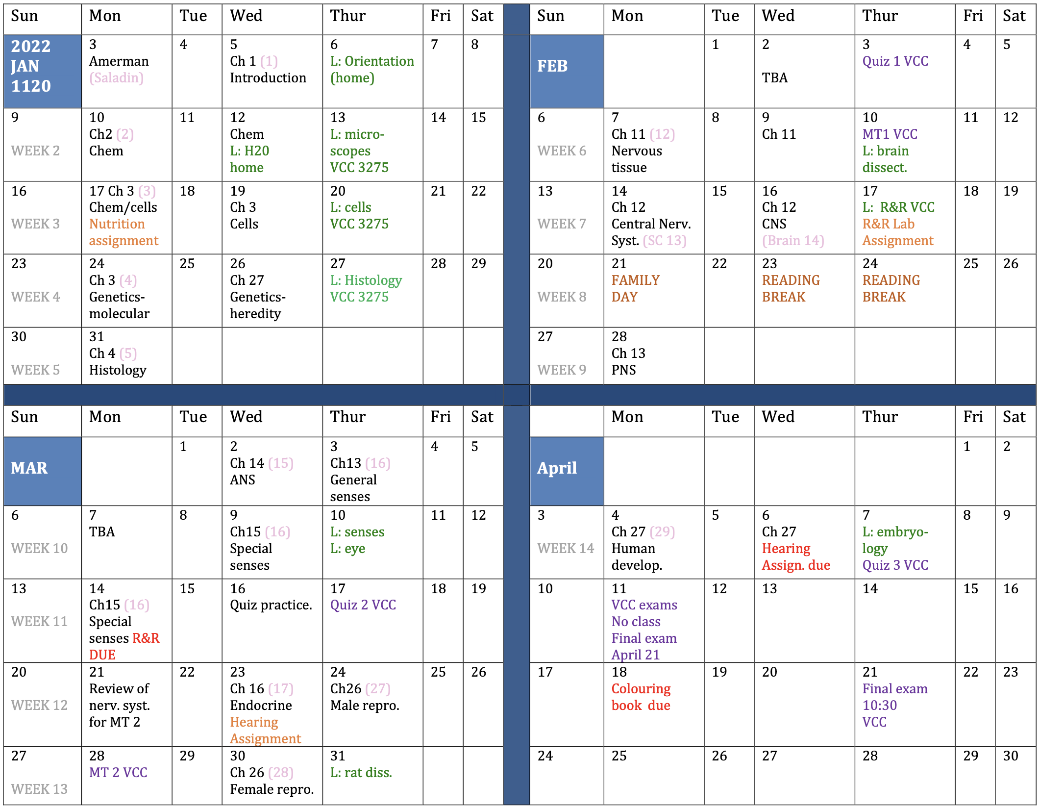 Spring 2022 Calendar 1120 calendar spring 2022 | VCC Biology – Instructor Maria Morlin